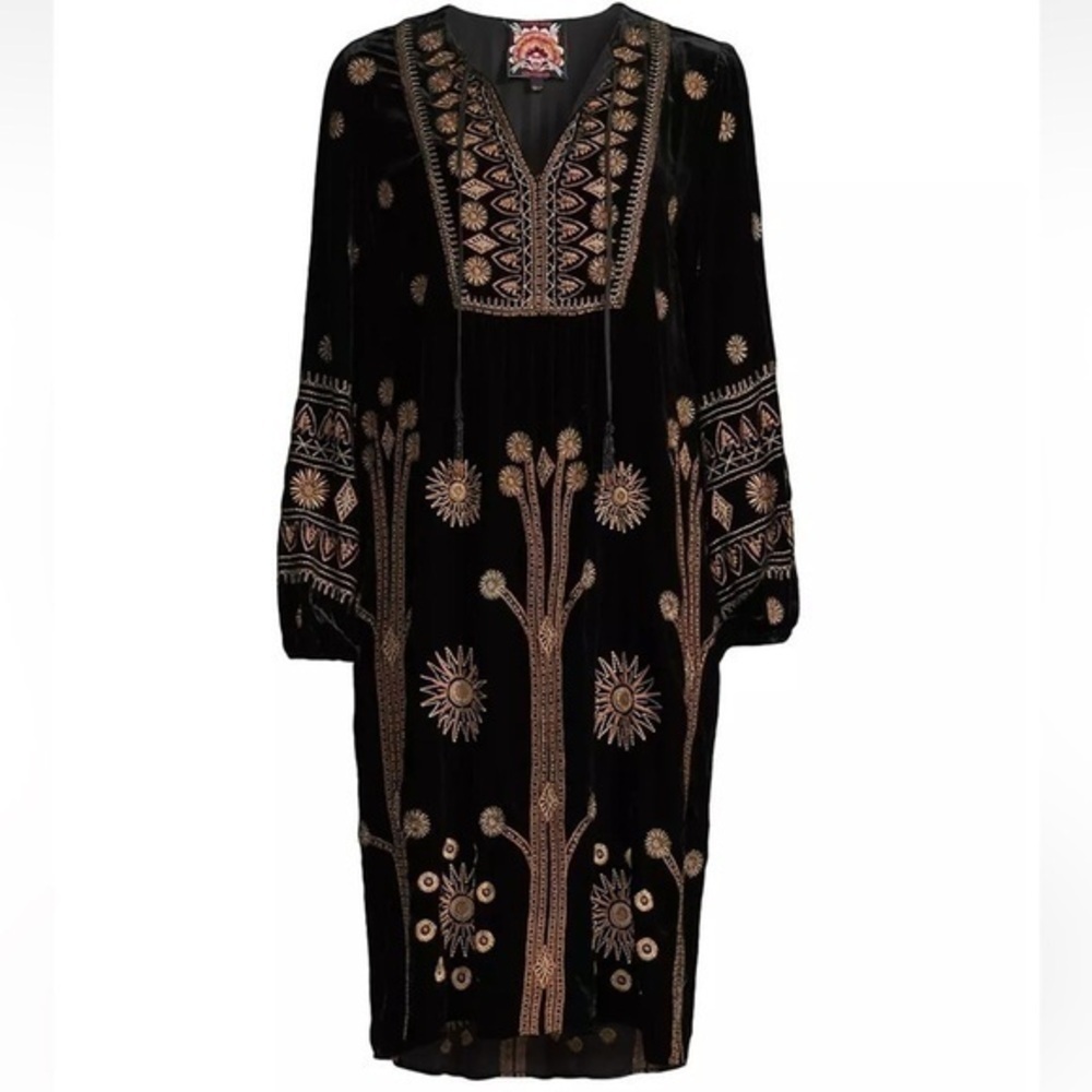 Johnny Was Heidi Velvet Yoke Dress Embroidered Beaded Tassel NWT - Picture 2 of 12